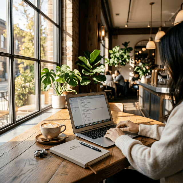 Cozy cafe interior with people working on laptops